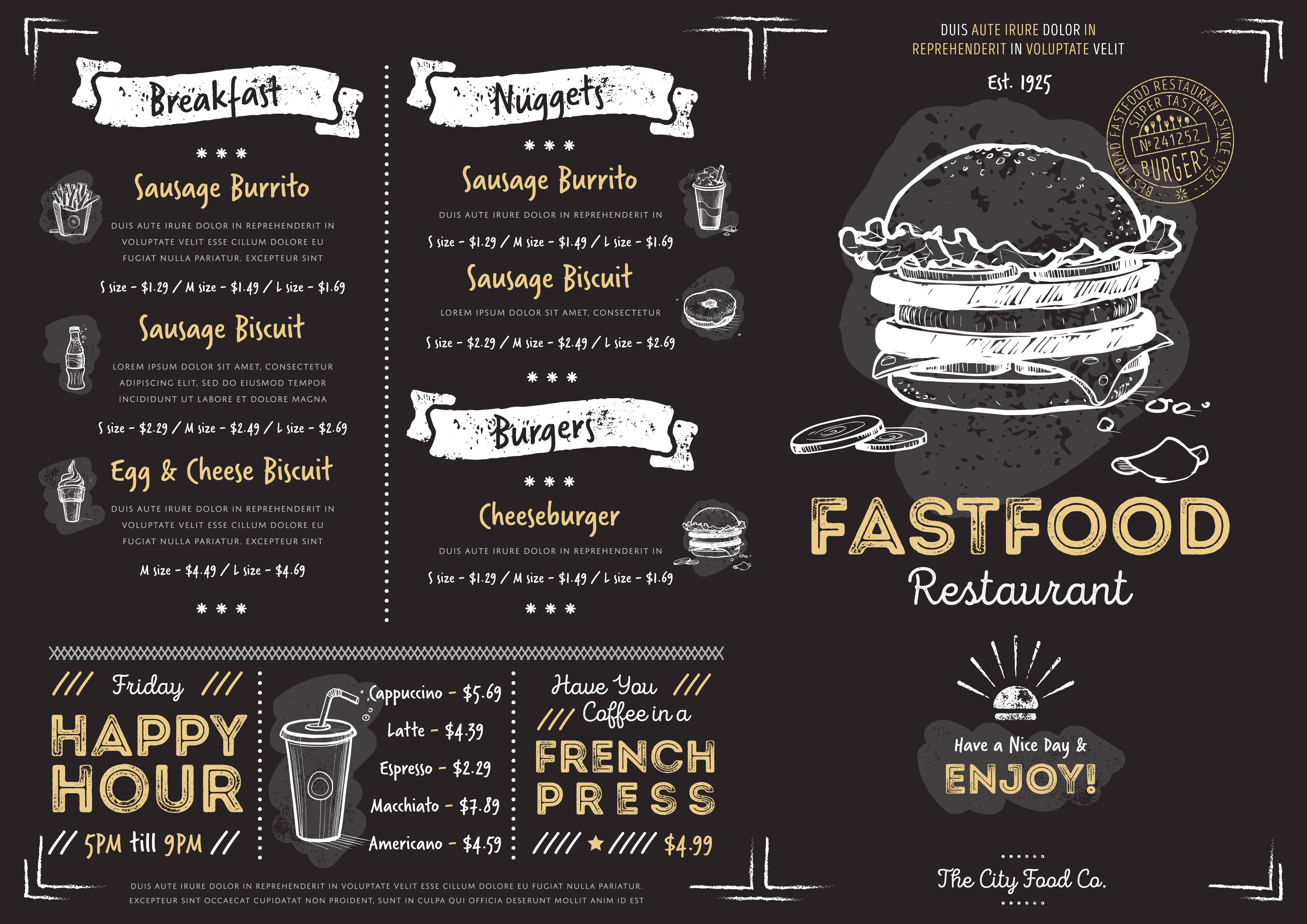 Restaurant menu design combined with illustrations and textured typography